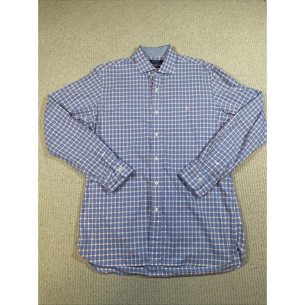 Polo Ralph Lauren Men's Medium Button Down Plaid Cotton Stretch Shirt Blue Pink